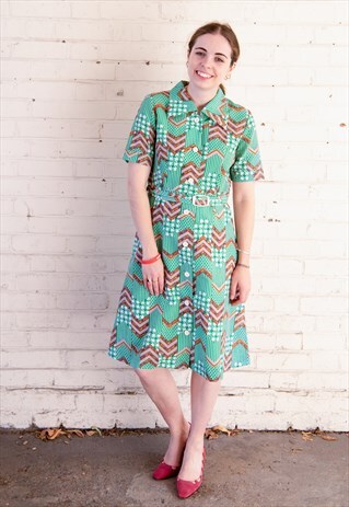 80'S VINTAGE GREEN 'CHEVRON' PATTERNED BELT SHIRT TEA DRESS