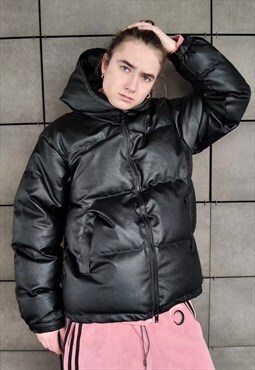 Faux leather hooded jacket rubber bomber PU puffer in black