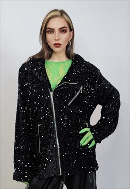 Sequin biker jacket black glitter bomber sparkle embellished