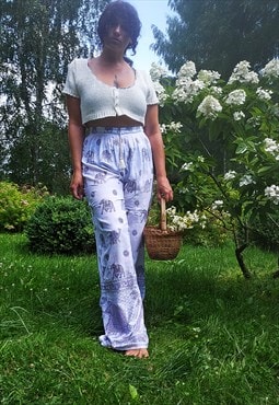 90s retro white elephant print casual summer straight pants