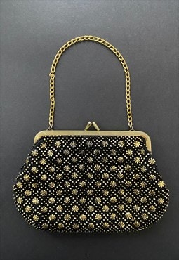 50's/60's Vintage Black Handbag Gold Chain Beaded Studded