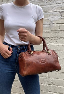 90s Small Tan Leather Twin Handle Bag
