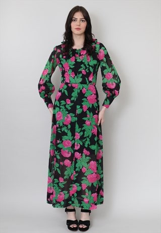 70's Vintage Long Sleeve Maxi Dress Black Floral Ruffle 