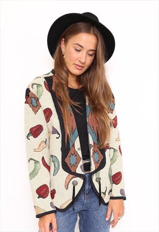 VINTAGE 90S VEGETABLE AZTEC TAPESTRY JACKET