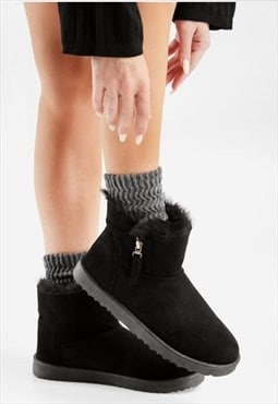 justyouroutfit Black Faux Fur Lined Zip Ankle Boots
