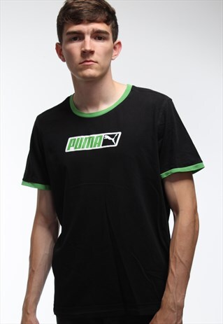 VINTAGE PUMA RETRO T-SHIRT IN BLACK AND ELECTRIC GREEN