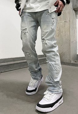 Blue Washed Distressed Denim jeans pants trousers Y2k