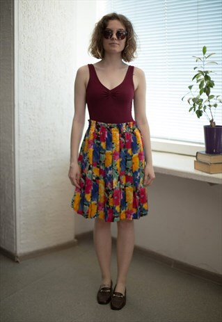 VINTAGE 80'S MINI MULTICOLOUR FLOWER PATTERNED PLEATED SKIRT