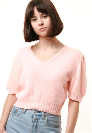 80S VINTAGE OVERSIZED WOOL LIGHT PINK CROP TOP 941