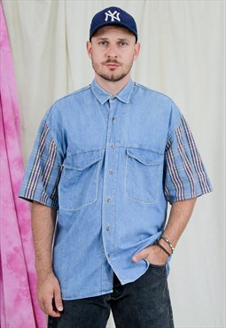 Vintage denim shirt in blue with plaid sleeves