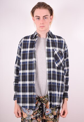 MENS VINTAGE SHIRT LARGE BLUE CHECK 90S
