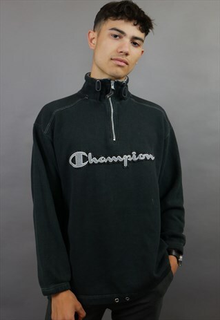 BLACK CHAMPION SPELL OUT 1/4 ZIP RIBBED SWEATSHIRT