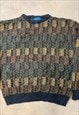 VINTAGE KNITTED JUMPER ABSTRACT PATTERNED GRANDAD SWEATER