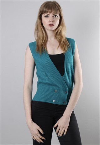VINTAGE 70S TURQUOISE RIBBED KNIT SLEEVELESS TOP