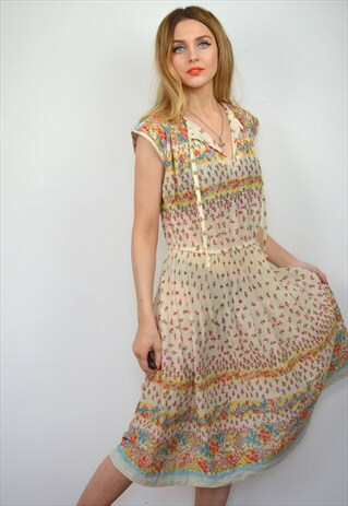 VINTAGE 70S SHEER FLORAL BOHO HIPPY MIDI DRESS