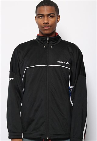 VINTAGE REEBOK LOGO TRACK JACKET BLACK AND BLUE