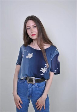 80s blue flowers pullover blouse, Size L