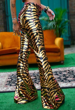 TIGER PRINT GOLD & PINK REVERSIBLE SEQUIN FLARES