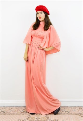 VINTAGE 70S PEACH BATWING SLEEVE BOHO MAXI DRESS
