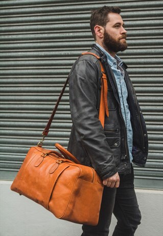 LEATHER WEEKEND TRAVEL BAG LARGE IN TAN BROWN