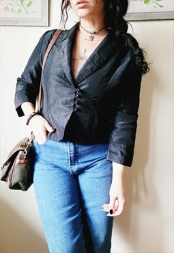 90s eggshell fabric black 3/4 sleeves minimalist blouse