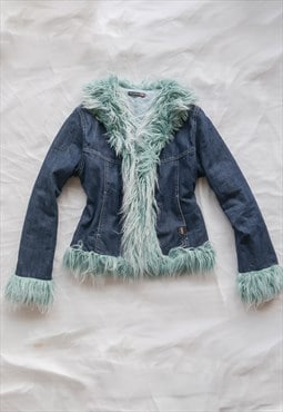 vintage y2k turquoise Penny Lane Faux Fur Denim Jacket