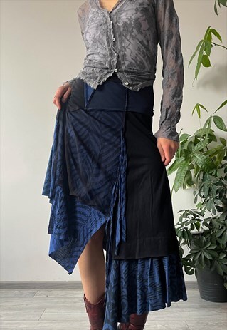 Vintage 90s 00s Unique Navy Blue Asymmetrical Layered Skirt