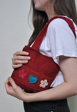 y2k cute flowers bag, 00s boho red shoulder bag