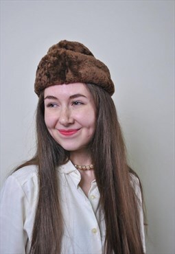 80s vintage faux fur brown winter hat 