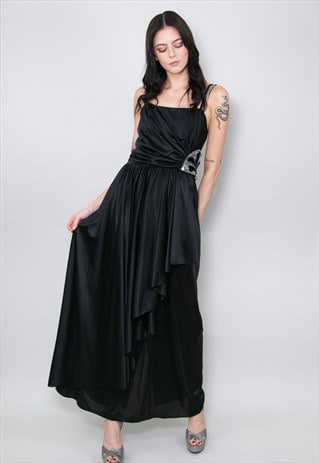 70's Madeline Vintage Slip Sequin Maxi  Dress Black Evening