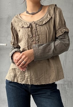 Vintage Y2K 00's Light Brown Ruffled Long Sleeve Blouse