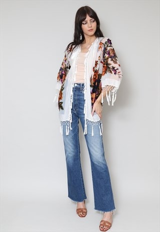 VINTAGE STYLE LADIES WHITE BURNT VELVET KIMONO DUSTER COAT