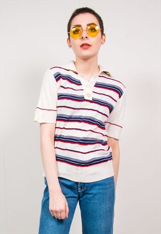 VINTAGE 70'S WHITE STRIPED RIBBED KNIT TOP