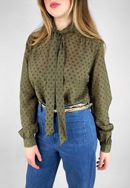 80's Vintage Ladies Green Pussy Bow Long Sleeve Blouse