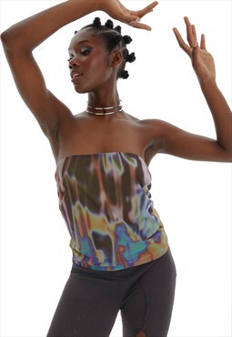 Y2K Bandeau Mesh Top With Abstract Print In Multicolour