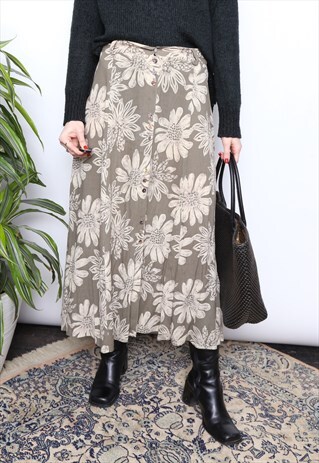 VINTAGE 90S GREEN FLORAL BUTTON MIDI SKIRT