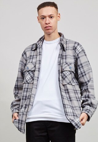 VINTAGE 90'S GREY TONE TARTAN FLEECE WORKMAN SHIRT/ JACKET