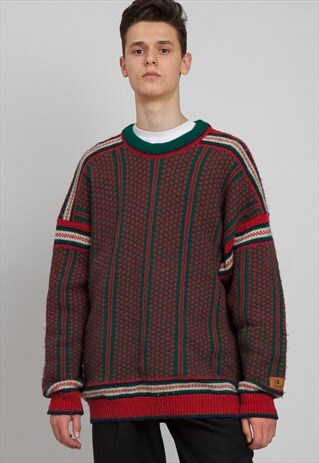 VINTAGE RED GREEN JANUS ROUND NECK WOOL KNIT JUMPER