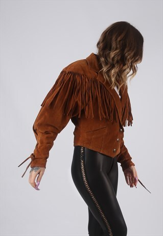 SUEDE LEATHER FRINGE TASSEL JACKET VINTAGE UK 10 (CWCL)