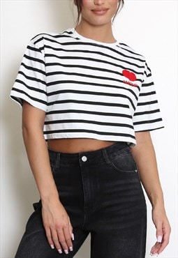 Amour Stripe Print Cropped T-Shirt In White 