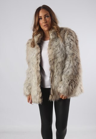 VINTAGE FAUX FUR COAT JACKET SHORT MID UK L 14 (C9BN)