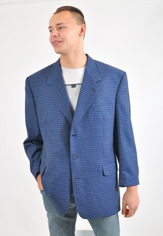 VINTAGE 90'S CHECKED BLAZER JACKET IN BLUE
