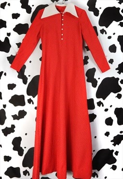 Vintage 60s Red Polkadot Dot Spotty Spots Pattern Maxi Dress