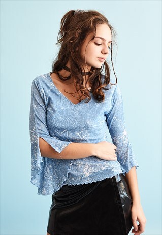 90'S RETRO ORIENTAL PRINT MESH KITSCH TEEN PARTY TOP