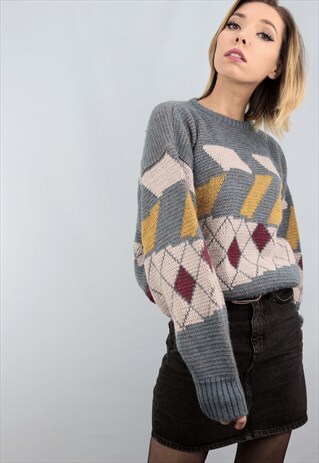 VINTAGE 80S 90S OVERSIZED PATTERNED KNIT JUMPER