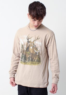 Vintage Deer Stag Graphic T-Shirt in Beige Small