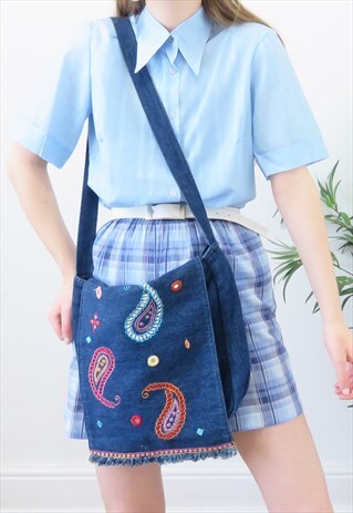 90S VINTAGE DENIM PAISLEY EMBROIDERED CROSS BODY BAG