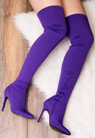 MARLEY HIGH HEEL STILETTO THIGH BOOTS - PURPLE STRETCH