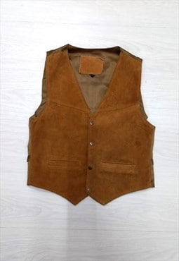 80's Vintage Waistcoat Tan Brown Leather Suede