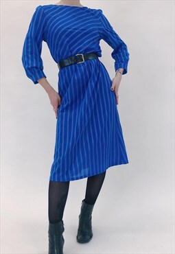 80s Vintage Blue Striped Midi Dress
